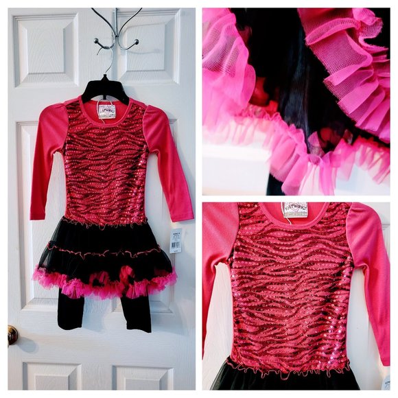 BRAND NWT 2 Piece Size 4 Tutu Set (Black pants/Pink Sequin top w/tutu attached) - Picture 1 of 15